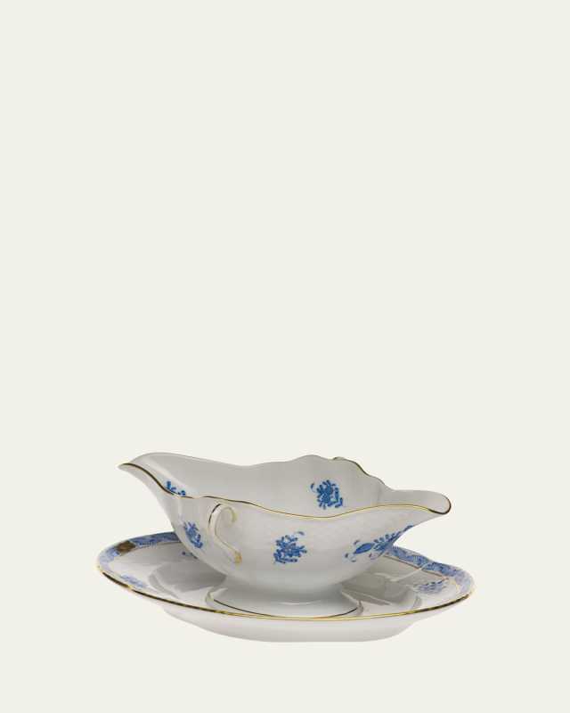 Chinese Bouquet Blue Gravy Boat with Fixed Stand